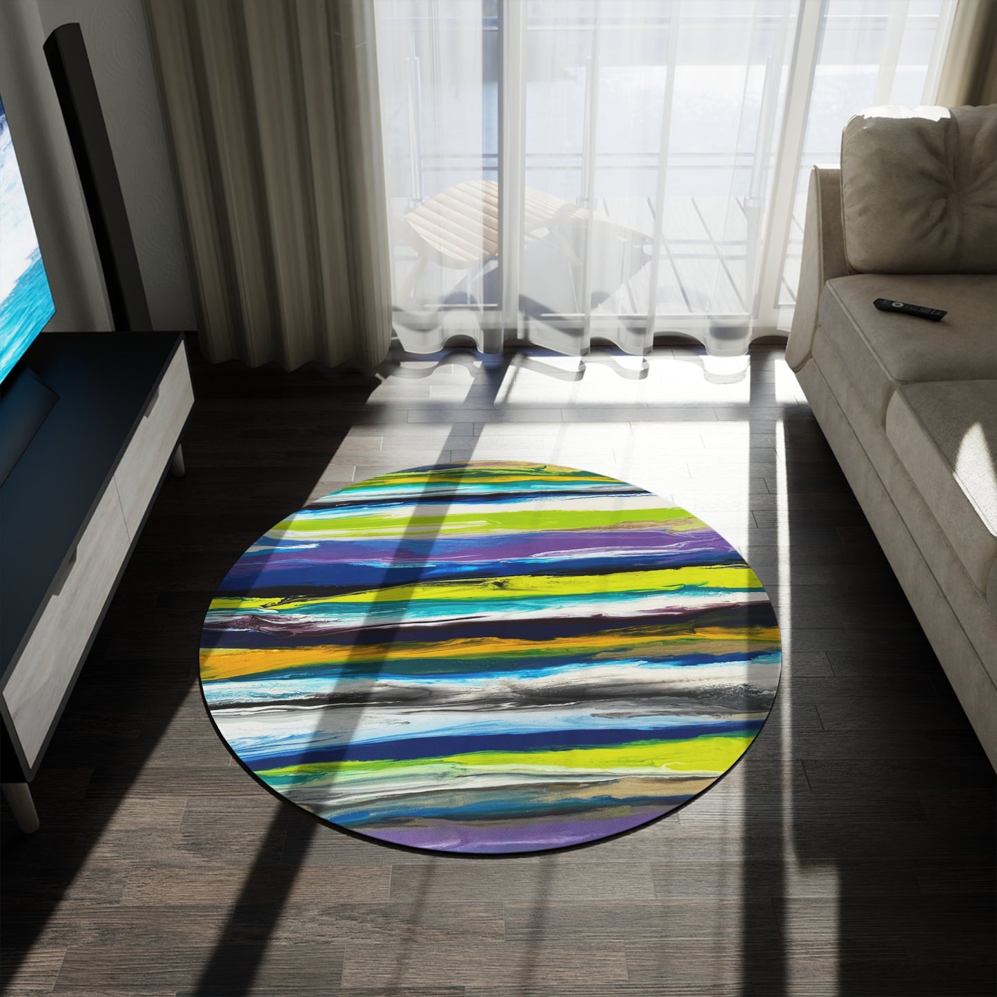 Striped Round Rug with colorful green and blue lines TJ Design exclusive