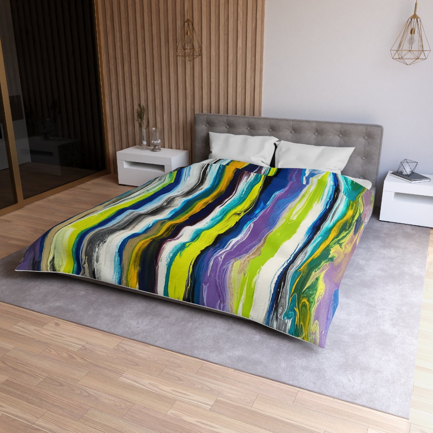 Abstract Microfiber Duvet with Multi color green and blue stripes