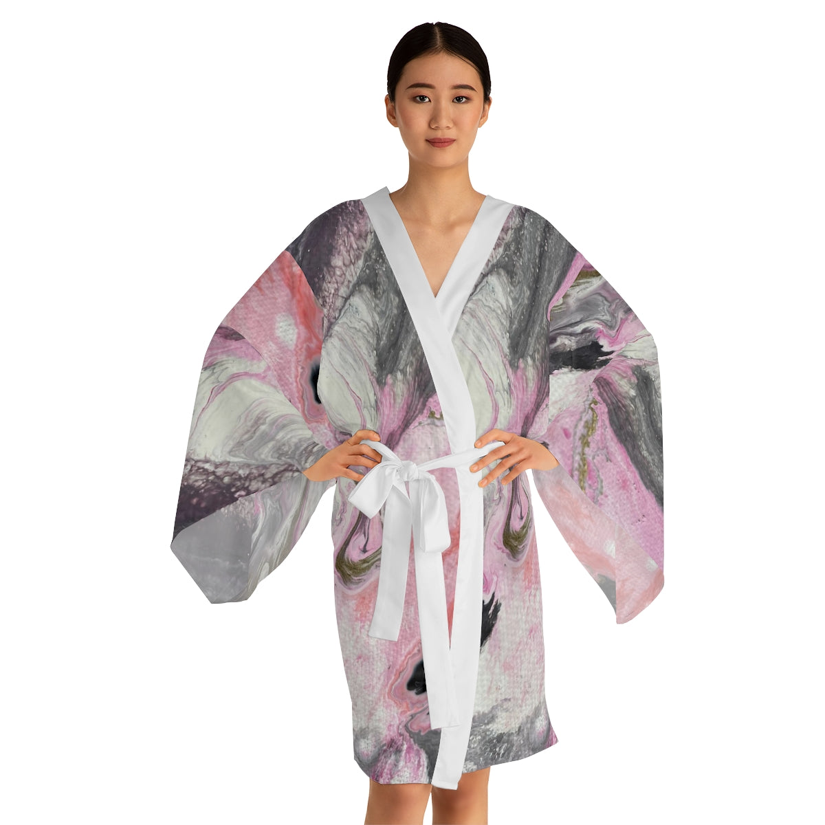 Robe quimono de manga comprida - design rosa escuro e cinza 