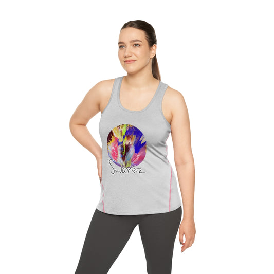 Camiseta feminina Racerback Sports - Arte e logotipo giratórios 