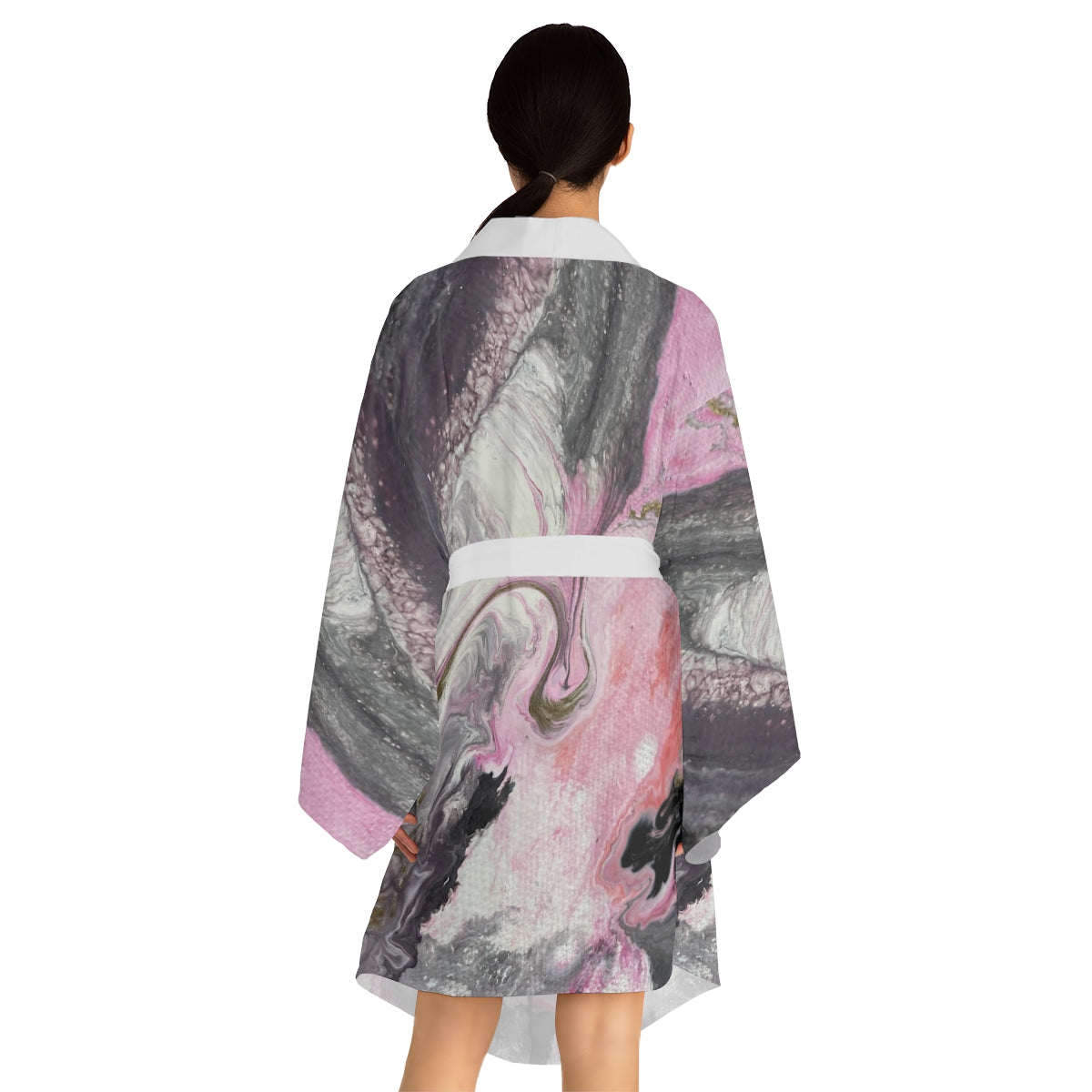 Long Sleeve Kimono Robe - Dusky pink and grey design