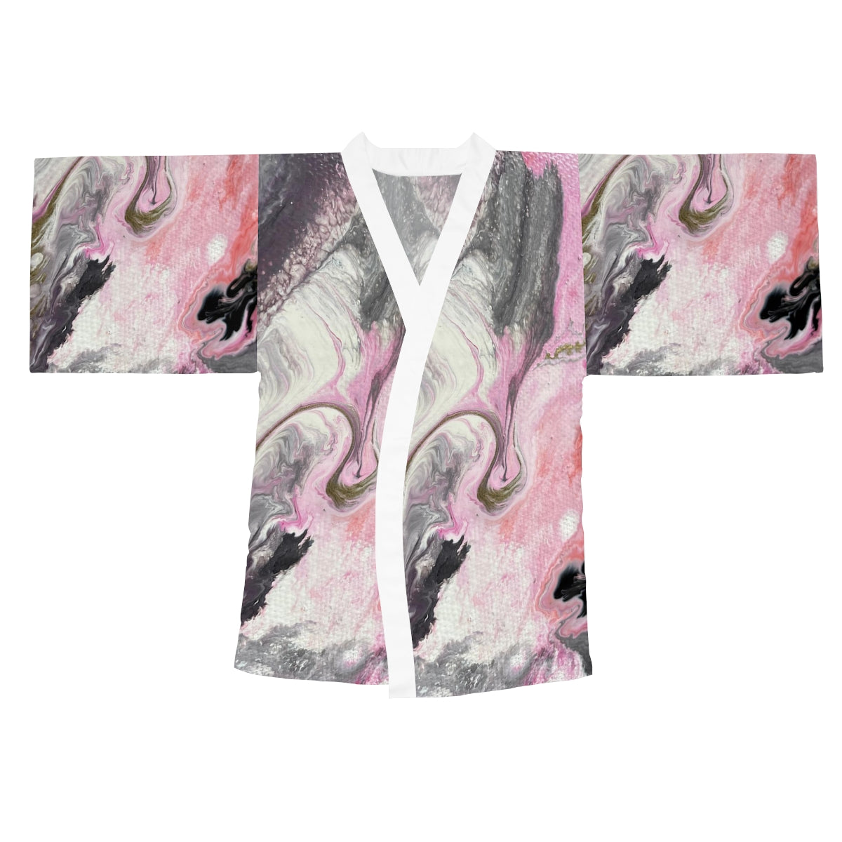 Robe quimono de manga comprida - design rosa escuro e cinza 