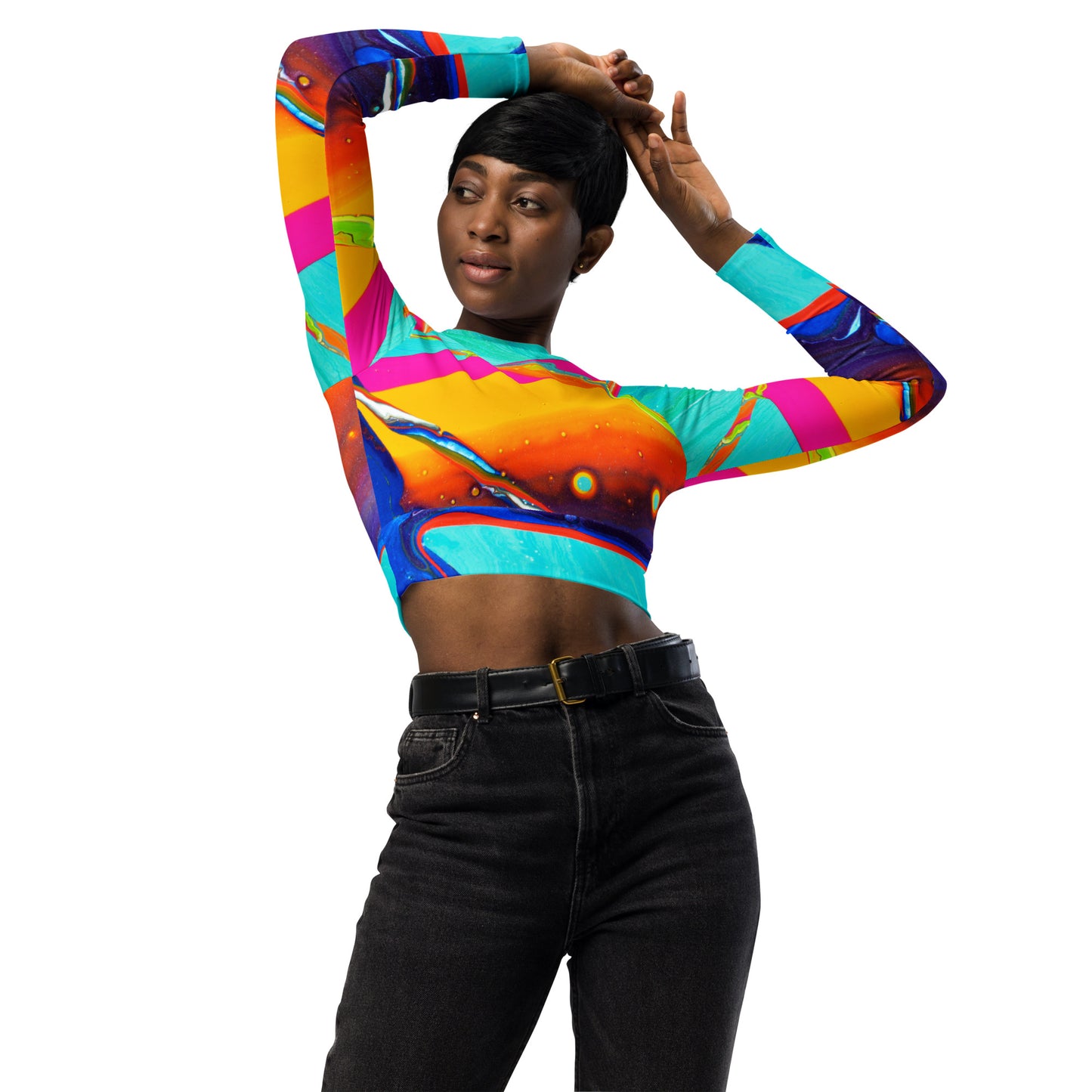 Recyceltes langärmliges Crop-Top – Regenbogen-Design