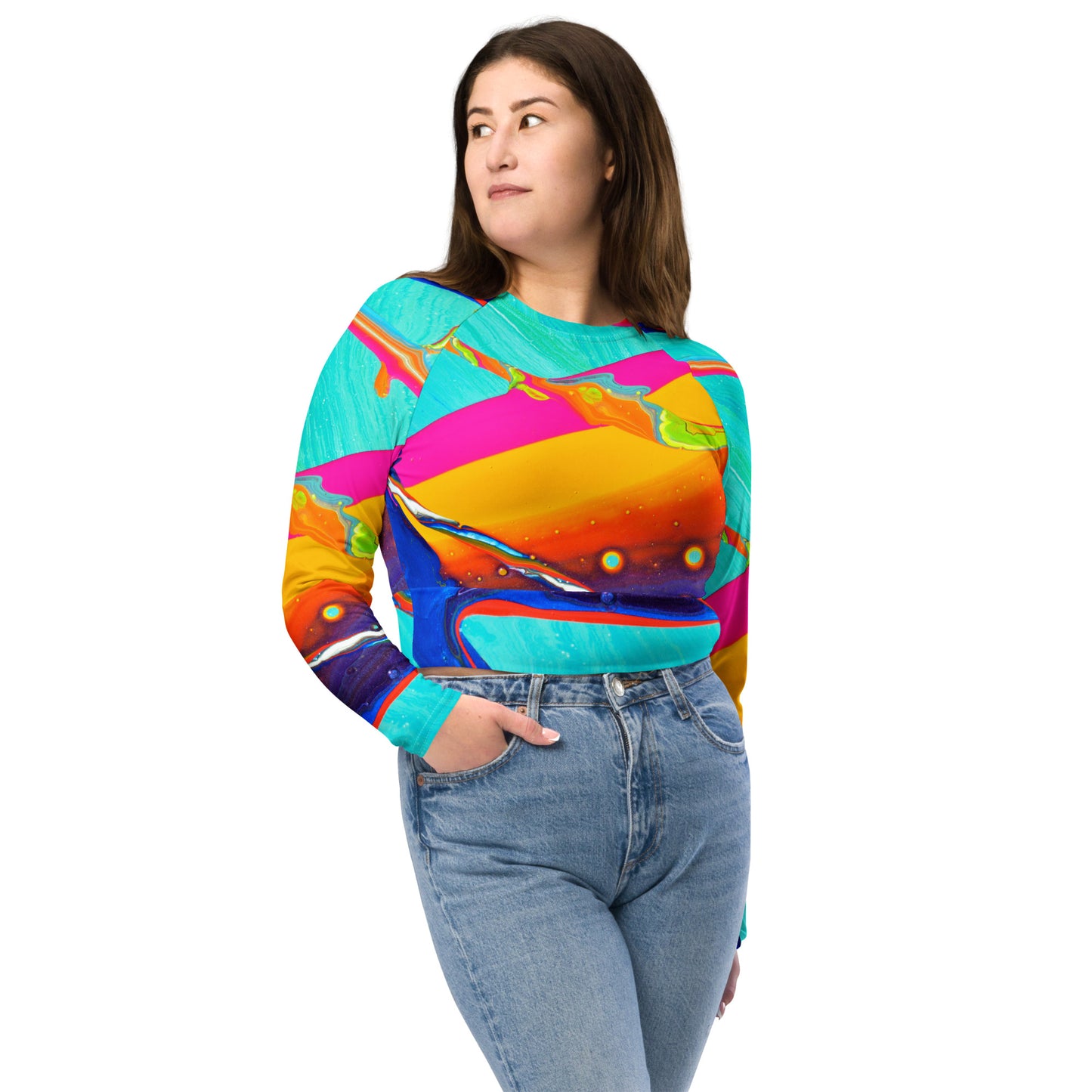 Recyceltes langärmliges Crop-Top – Regenbogen-Design