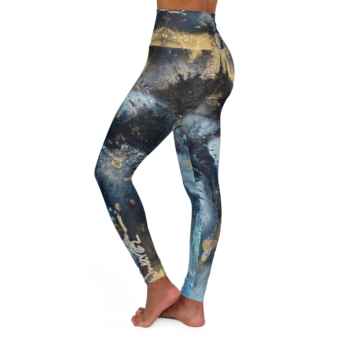 High Waisted Yoga Leggings - Aqua and gold design