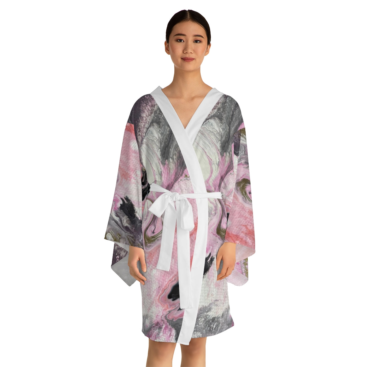 Long Sleeve Kimono Robe - Dusky pink and grey design