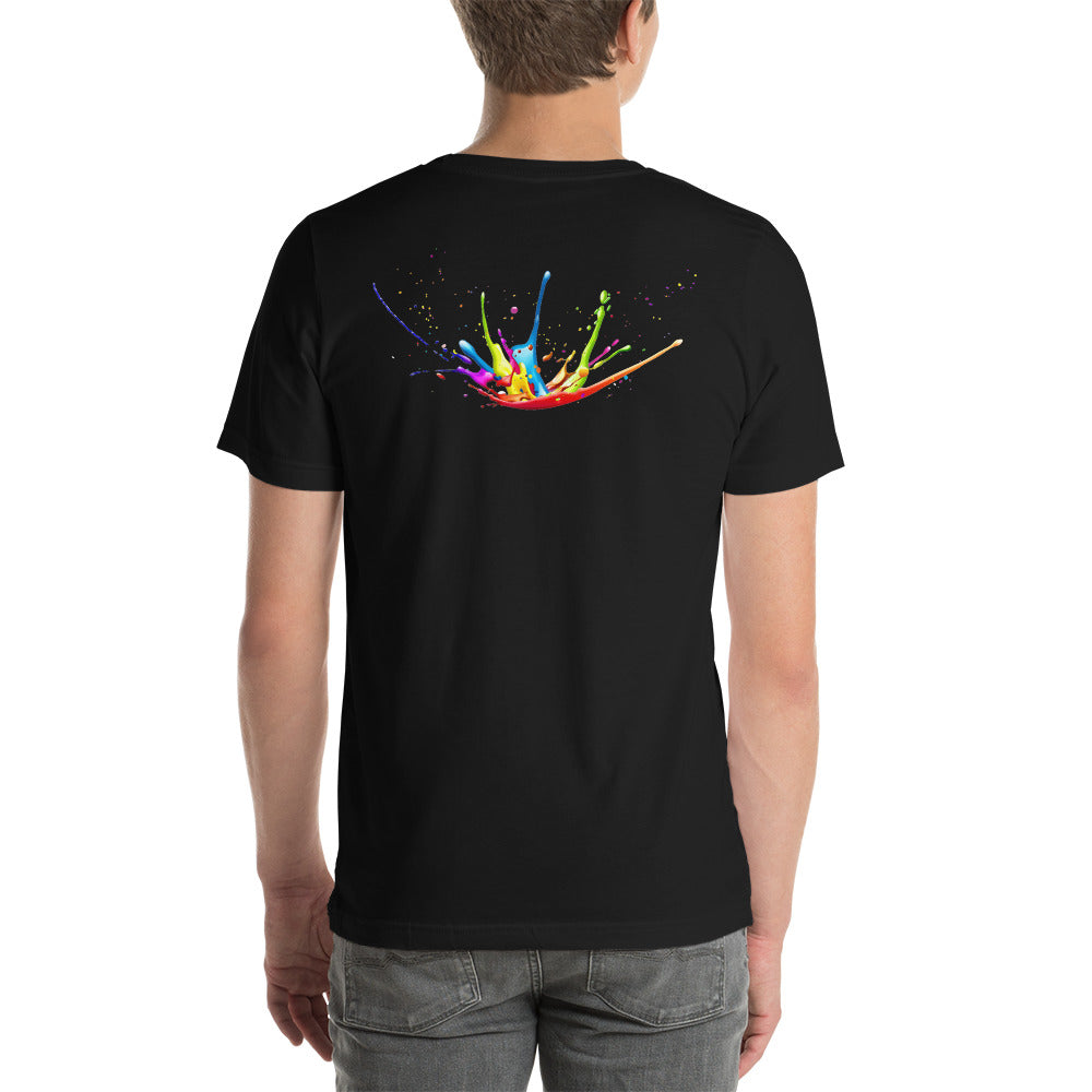 Camiseta unissex - logo Swarez bordado e respingos de tinta impressos