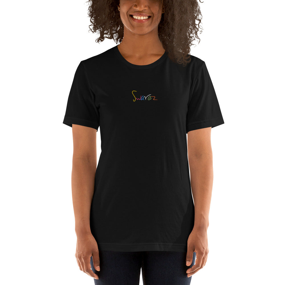 Unisex-T-Shirt – gesticktes Swarez-Logo und aufgedruckter Farbspritzer