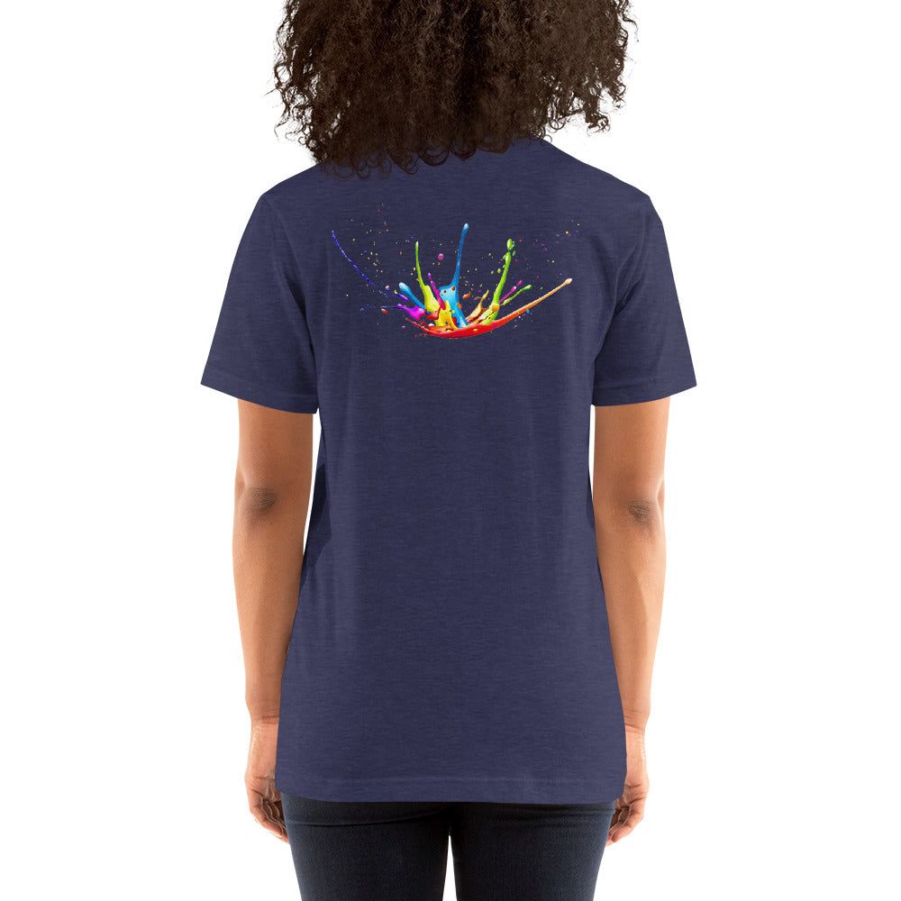 Camiseta unissex - logo Swarez bordado e respingos de tinta impressos